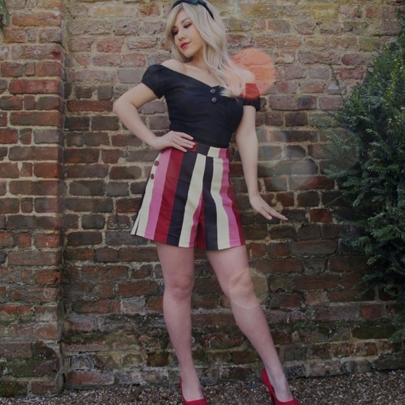 Collectif High Waist Shorts - Pink, Black, and White Stripes - Picture 1 of 7